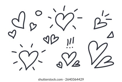 Set of hand-drawn heart doodles. Black editable stroke line hearts on white background. Perfect for Valentines cards, wedding decor, banners, love symbols, and minimal graphic design