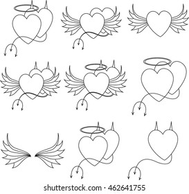 A set of hand-drawn heart illustrations with wings, halos, and devil tails. Symbolic love icons combining angelic and devilish elements. Ideal for romance, Valentine's, or tattoo design.