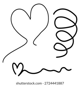 Un conjunto de ilustraciones de líneas de corazón dibujadas a mano con garabatos juguetones, que expresan libertad artística, creatividad y bocetos de amor casuales.
