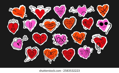 Set of hand-drawn hearts in a collage style. Set of stickers in doodle style with text. Vector illustration