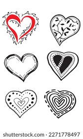 Set of  hand-drawn hearts. A collection of many different decorated hearts. Vector illustration.