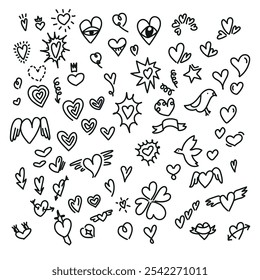 um conjunto de corações desenhados à mão. Desenhar arte de linhas