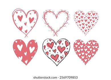 Set of hand-drawn hearts featuring unique patterns and textures in red and white, displayed on white background. Valentine's day illustration. Valentine's day, wedding illustration.