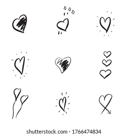 A set of hand-drawn hearts. Hand drawn Doodle heart marker isolated on white background. Vector illustration for your graphic design