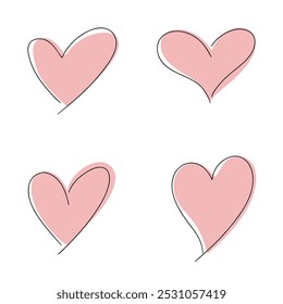 A set of hand-drawn hearts with an isolated outline on a white background, vector. Decorative element in pastel shades for love, Valentine, holiday, wedding. Flat heart shape design, doodle style