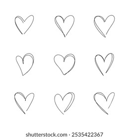 A set of hand-drawn hearts of a love symbol with a marker pen, isolated on a white background, vector. Decorative abstract element for Valentine's day, holiday, wedding. Graphic illustration line