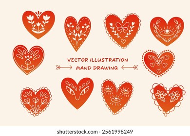 A set of hand-drawn hearts with ornaments inside, doodle