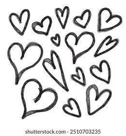 Set of handdrawn hearts. Handdrawn rough marker hearts isolated on white background. Vector illustration for your graphic design.
