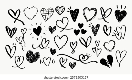 A set of hand-drawn hearts in various styles. Doodles of hearts, love symbols, and heart shapes fill the image. Heart sketches and heart art in black and white. Hand drawn Valentine's Day vector.