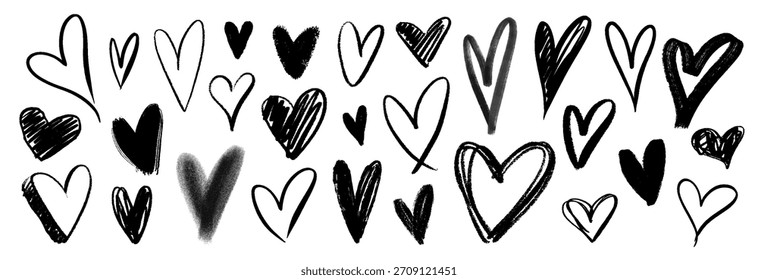Conjunto de corazones dibujados a mano. Vector colección de doodle, garabatos y pinceladas de amor para el día de San Valentín y diseño moderno.