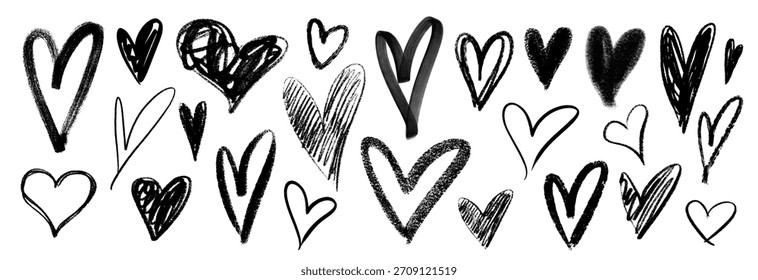 Conjunto de corazones dibujados a mano. Vector colección de doodle, garabatos y pinceladas de amor para el día de San Valentín y diseño moderno.