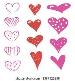 Set of hand-drawn hearts. Vector heart shapes. Doodles.
