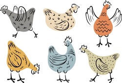 Set Of Hand-drawn Hen. Chicken Vector Illustration. Colorful Isolated Domestic Birds.