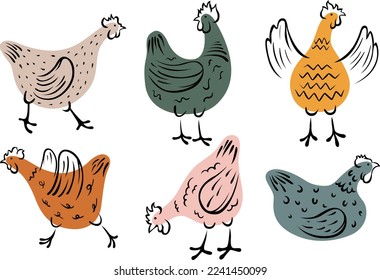 Set of hand-drawn hen. Chicken vector illustration. Colorful isolated domestic birds.