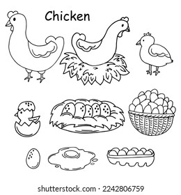 A set of hand-drawn hens and roosters with their little chickens. A collection of funny domestic birds living their own life on the farm. Vector stock illustrations in doodle style isolated on white.