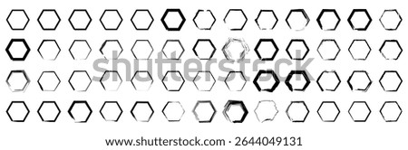 A set of hand-drawn hexagon shapes with both solid and outlined black grunge textures, ideal for backgrounds, UI icons, design patterns, and framing.

