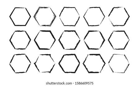 Set of hand-drawn hexagonal frames with torn edges with place for text. isolated on a white background. . Flat style isolated on white background.