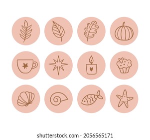 Set of hand-drawn highlight cover designs for bloggers, online shops. Fall, hygge, marine line art icons in doodle style. Template with outline vector illustrations for social media. 