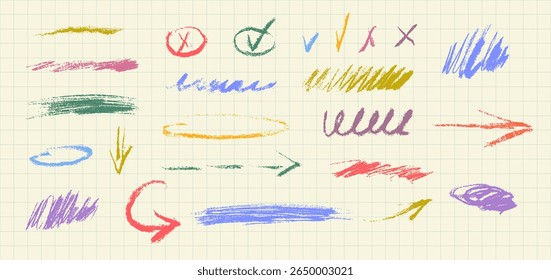 Set of handdrawn highlight underline with  crayon or chalk pencil texture. Check mark and arrows with grunge texture