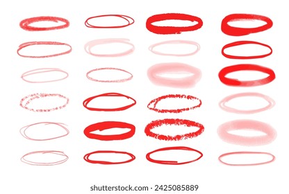 Set of hand-drawn highlighting brush elements. Sketched set for presentation and social media. Red ovals for selection of the important text. Vector illustration