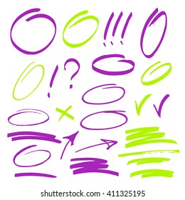 Set of hand-drawn highlighting elements. Sketched set for presentation. Highlighting icons for selection of the important text / Vector illustration