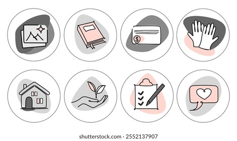 Eine Reihe handgezeichneter Highlights im Line Art Stil für die Gestaltung und Förderung sozialer Netzwerke.
