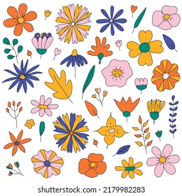 Set of hand-drawn hippie 70s style flowers. Colorful vector retro design