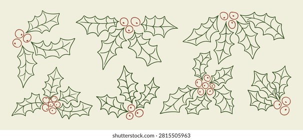 Set of hand-drawn holly leaves and berries illustrations on a light background, featuring various arrangements and designs suitable for holiday-themed projects
