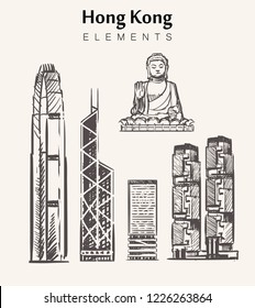 Set of hand-drawn Hong Kong buildings.Hong Kong elements sketch vector illustration.Big Buddha,International Finance Centre,Bank of China,Lippo Tower's.