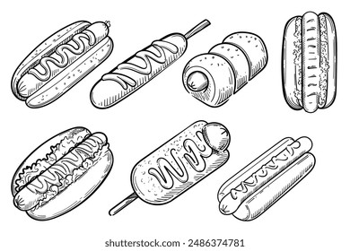 Set of hand-drawn hot dogs in various styles, monochrome sketch vector illustration isolated on white background