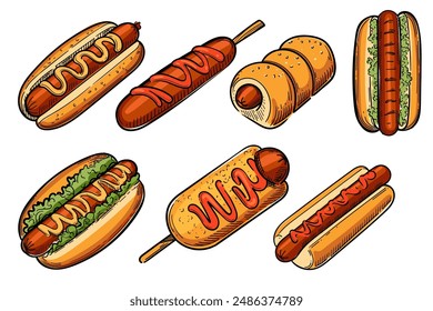 Set of hand-drawn hot dogs in various styles, colorful sketch vector illustration isolated on white background