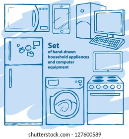 Set of hand-drawn household appliances and computer equipment