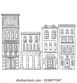 Set of hand-drawn houses. European city building  illustration in cartoon stiles. Doodle houses illustration.