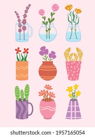 set of hand-drawn of a hygge Scandinavian floral beautiful pot, vase, jug, or jar bottles with cute flowers ornaments.