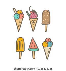 Set of handdrawn ice-cream pictures. Colored  illustration. Simple rough style. Isolated vector clip art.