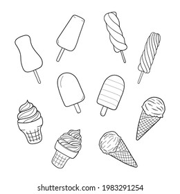 Set of hand-drawn ice-creams. Design sketch element for menu cafe, bistro, restaurant, label and packaging. Vector isolated illustration.