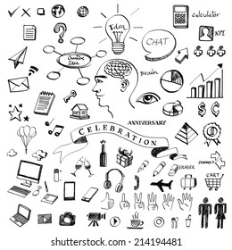 Set of hand-drawn icon in different themes, work, business, computer and symbols vector
