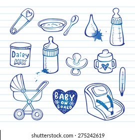 Set of hand-drawn icons baby  food and accessories.