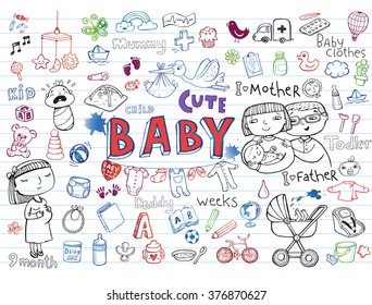 Set of hand-drawn icons baby toys, food, accessories.