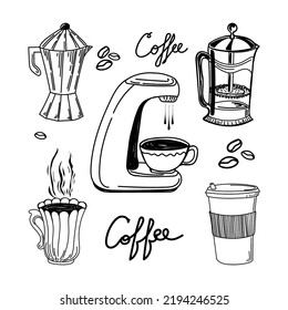 Set of hand-drawn icons for coffee maker with coffee cup, French press, coffee beans. Hand-drawn inscription. Method of brewing coffee. Cappuccino machine. Morning breakfast.