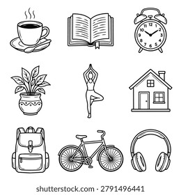 A set of hand-drawn icons depicting common objects like a coffee cup, book, alarm clock, plant, yoga pose, house, backpack, bicycle, and headphones.