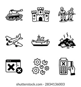 A set of hand-drawn icons depicting elements of war and destruction including a tank, castle, soldiers, airplane, ship, debris, error message, gears, and payment terminal.