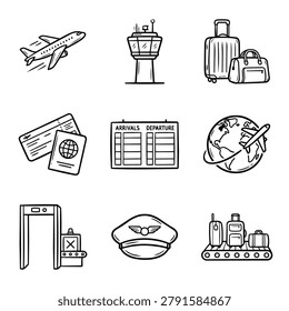 A set of hand-drawn icons depicting various elements of air travel and airport services