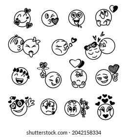 A set of hand-drawn icons with different reactions on the topic of love and relationships for a social network, isolated on a white background. A collection in the doodle style