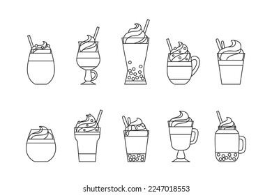 Set of hand-drawn icons with different types of coffee isolated on white background. Doodle style outline vector elements for sticker, logo, or menu. Coffee based beverages with toppings.