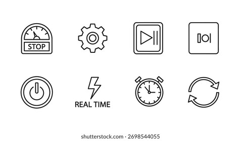 Set of hand-drawn icons featuring buttons for power play stop settings and refresh vector