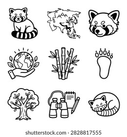 A set of hand-drawn icons featuring red pandas, bamboo, a tree, binoculars, and earth.