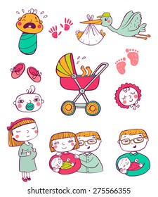 Set of hand-drawn icons happy parents, stork and newborn accessories.