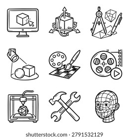 A set of hand-drawn icons illustrating various aspects of design, technology, and creation processes.