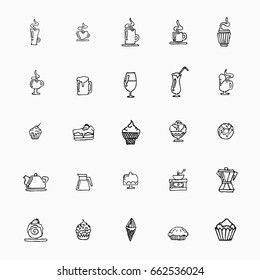 set of hand-drawn icons on food, cups of coffee, alcohol, desserts, ice cream and kitchen appliances. Vector illustration